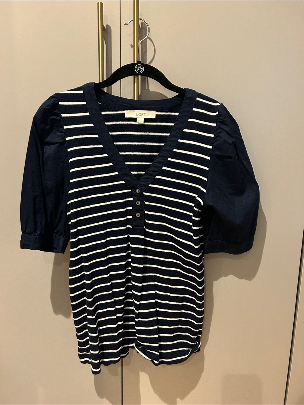 LOFT Navy & White Striped V-Neck Puff Sleeve Tee